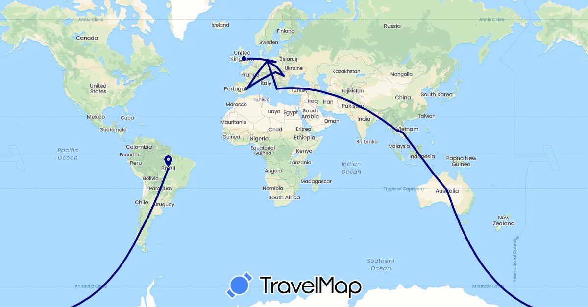 TravelMap itinerary: driving in Australia, Brazil, Chile, Germany, Spain, United Kingdom, Greece, Hungary, Cambodia, Poland, Romania, Thailand (Asia, Europe, Oceania, South America)